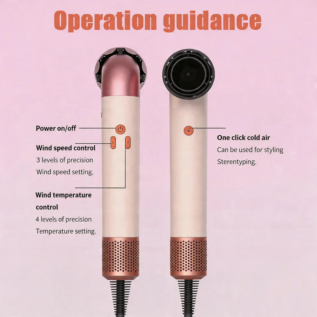 1400W rose gold hair dryer showing speed, temp, and cold air settings with a sleek, lightweight, ergonomic design.