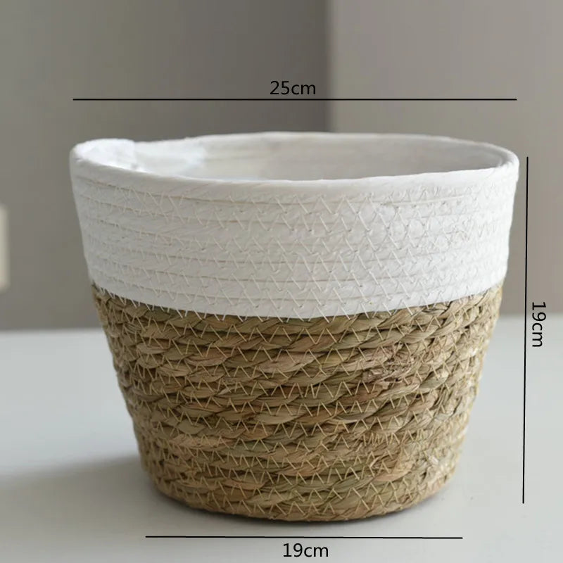 White-lined straw woven plant pot basket planter with round open top