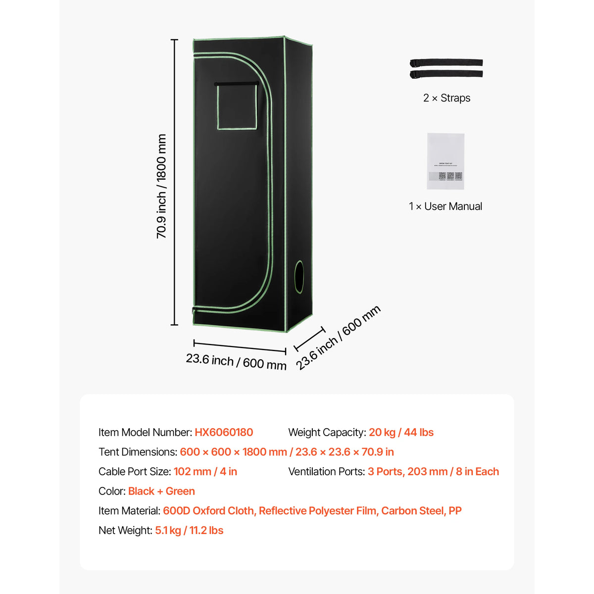 Black indoor grow tent with green trim, plus straps and user manual