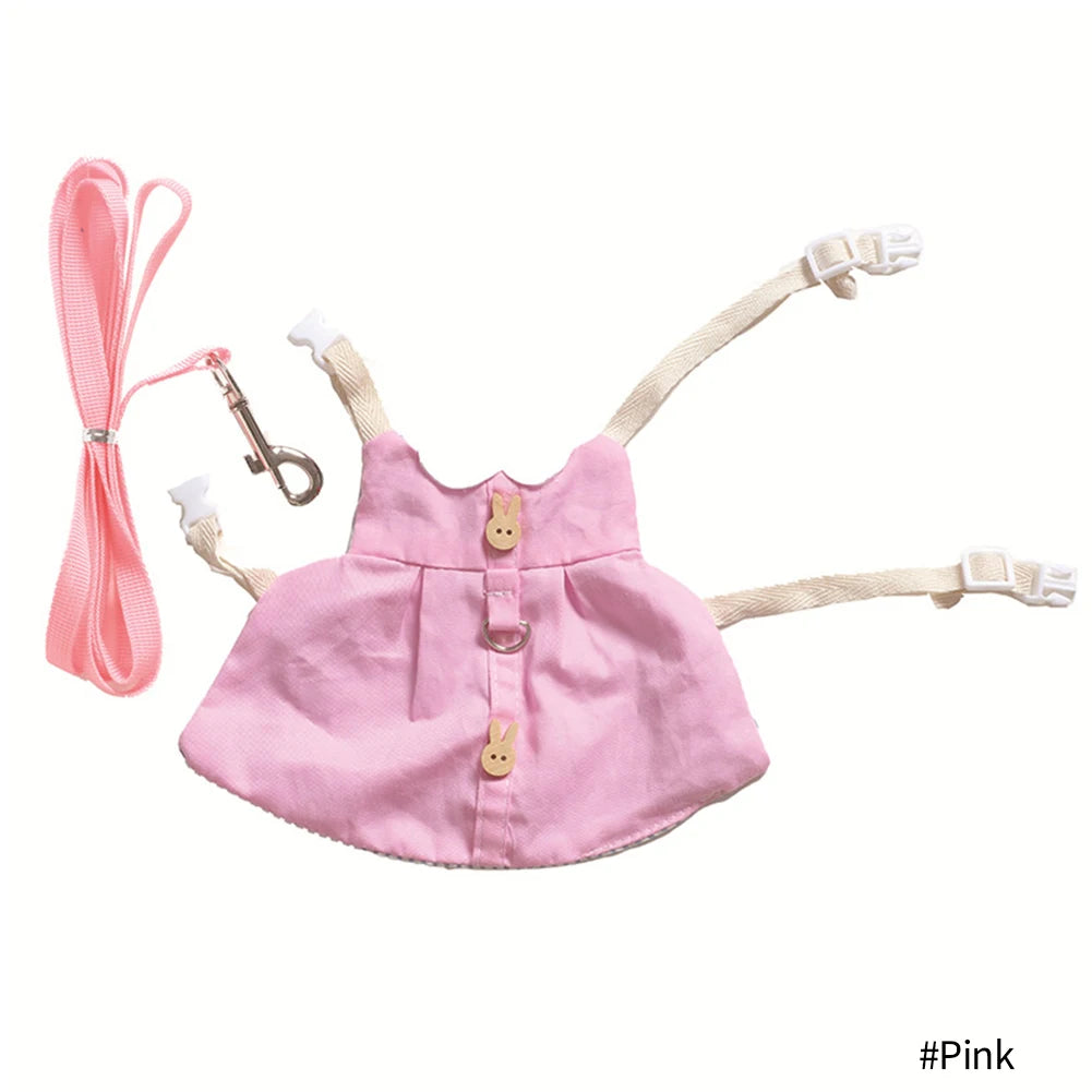 Cute pink bunny harness and leash set for small pets like rabbits and guinea pigs, perfect for safe outdoor walks.