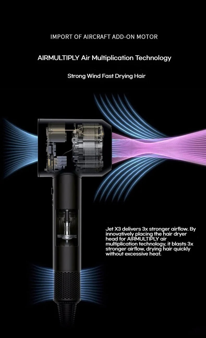 Black high-speed brushless hair dryer with Air Multiplier technology for fast, quiet drying and negative ion hair care.