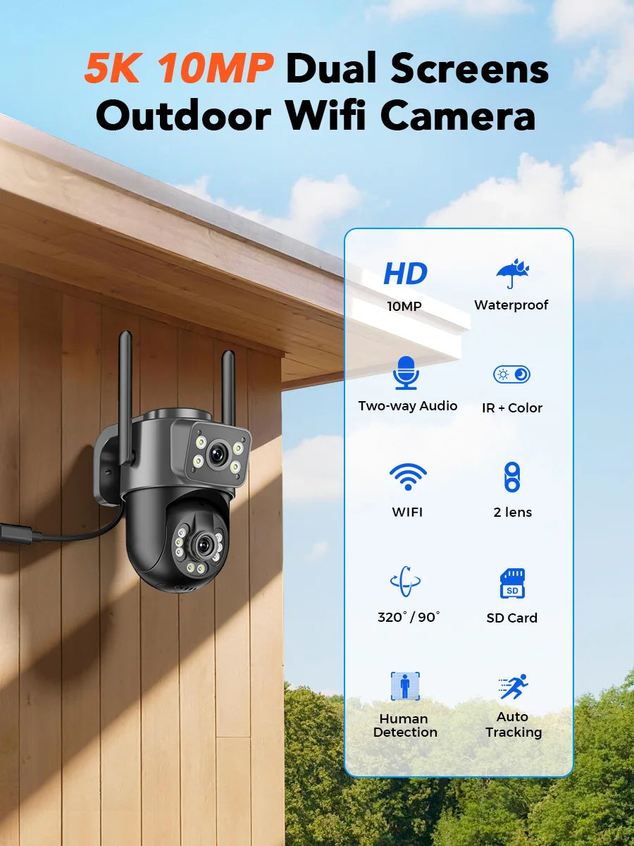 10MP 5K HD WiFi Camera Outdoor 2.4G+5G Dual Band 8MP Dual Lens Dual Screen AI Auto Tracking Security Camera Video Surveillance