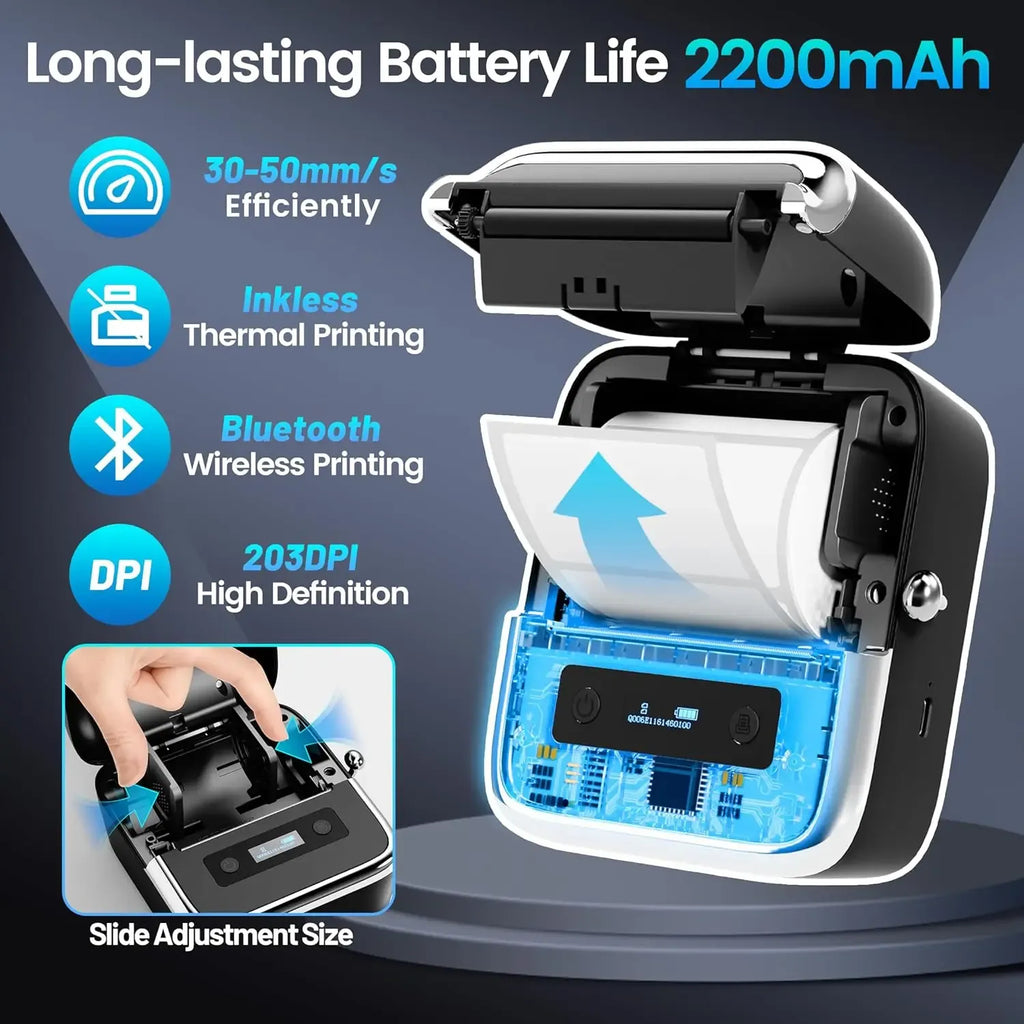 Portable thermal label printer with open lid showing loaded roll and print mechanism