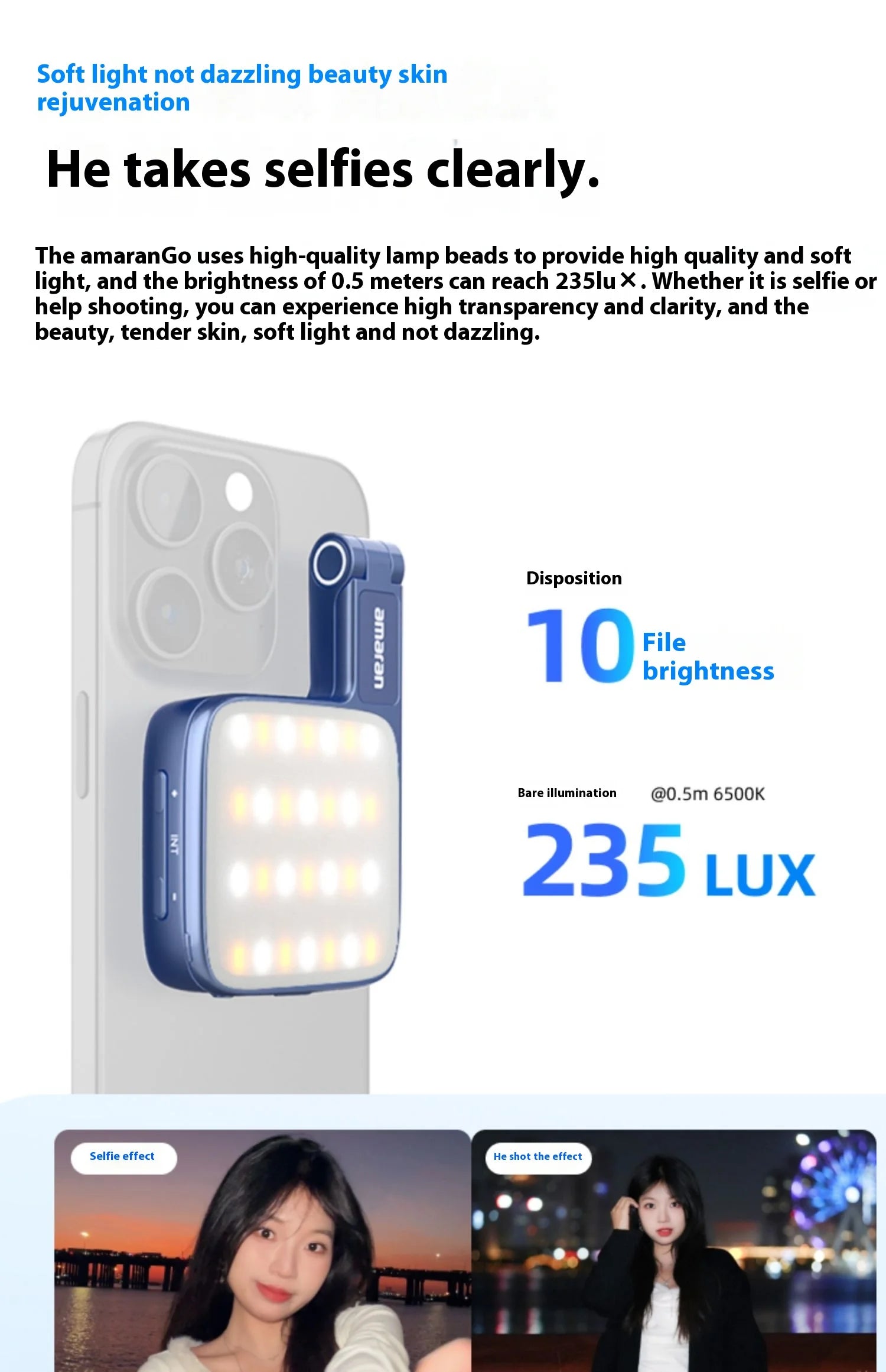 Portable, square blue clip-on LED light for smartphones, featuring adjustable brightness for selfies and photography.