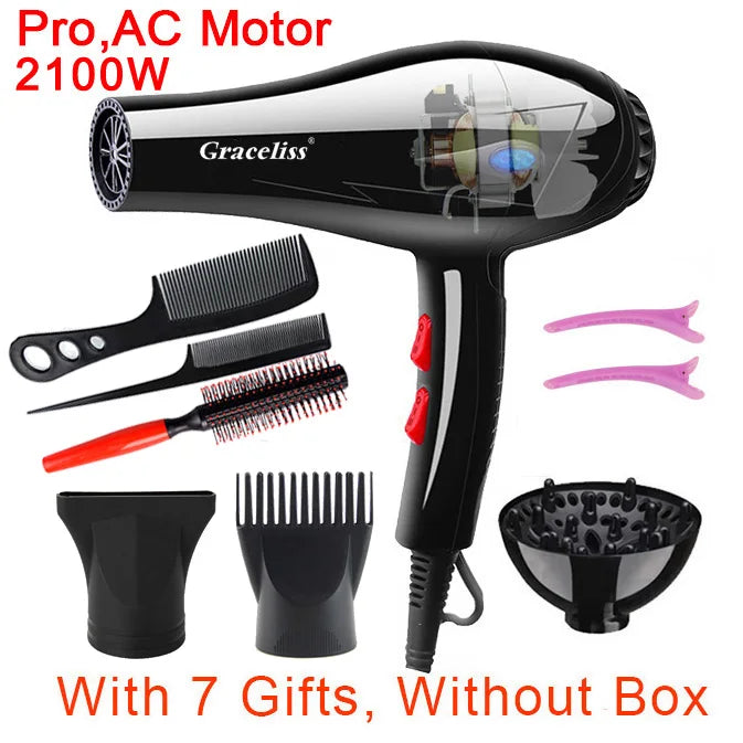 Black 2100W professional hair dryer with AC motor, styling nozzles, diffuser, combs, and clips for salon-quality hair.