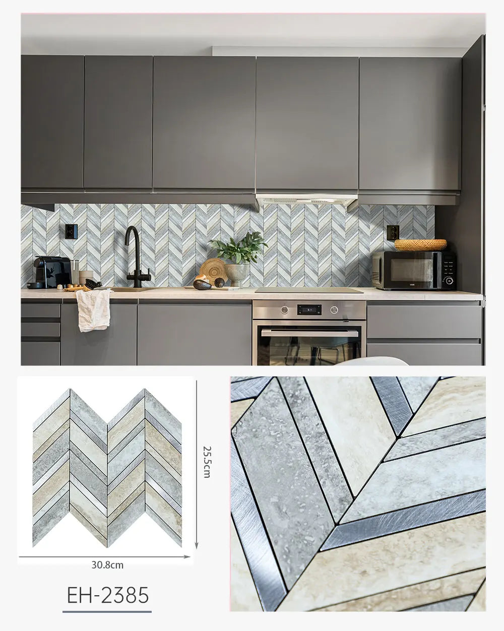 Herringbone Peel and Stick Backsplash, Faux Stone PVC Self Adhesive Marble Tiles for Kitchen Bathroom