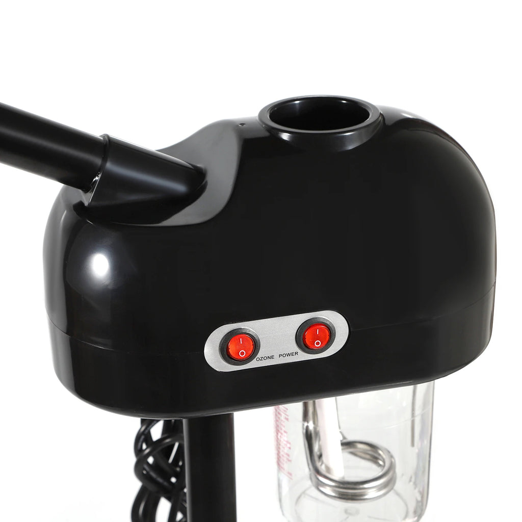 Black professional facial steamer with adjustable ozone power buttons and 750ml water tank for spa skincare.