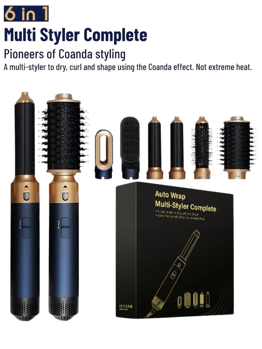 6-in-1 gold and navy hair dryer multi-styler set with curling iron, straightener, and brush attachments for styling.