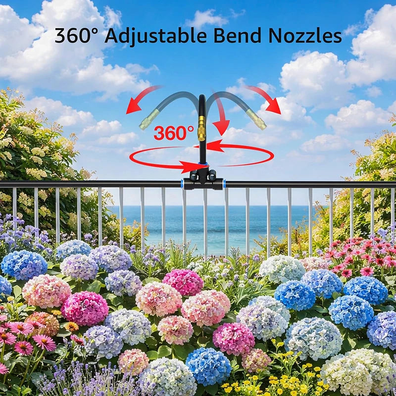 360° adjustable bend nozzle on garden sprinkler line, spraying fine mist over flowers