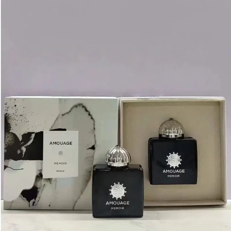 Amouage Memoir Woman EDP: Luxury oriental woody perfume in iconic black square bottle with silver dome cap, 100ml set.