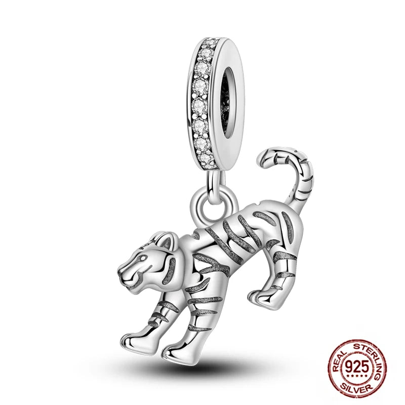 Tiger charm pendant, genuine 925 sterling silver with sparkling stones, fits DIY charm bracelets for pet lovers.