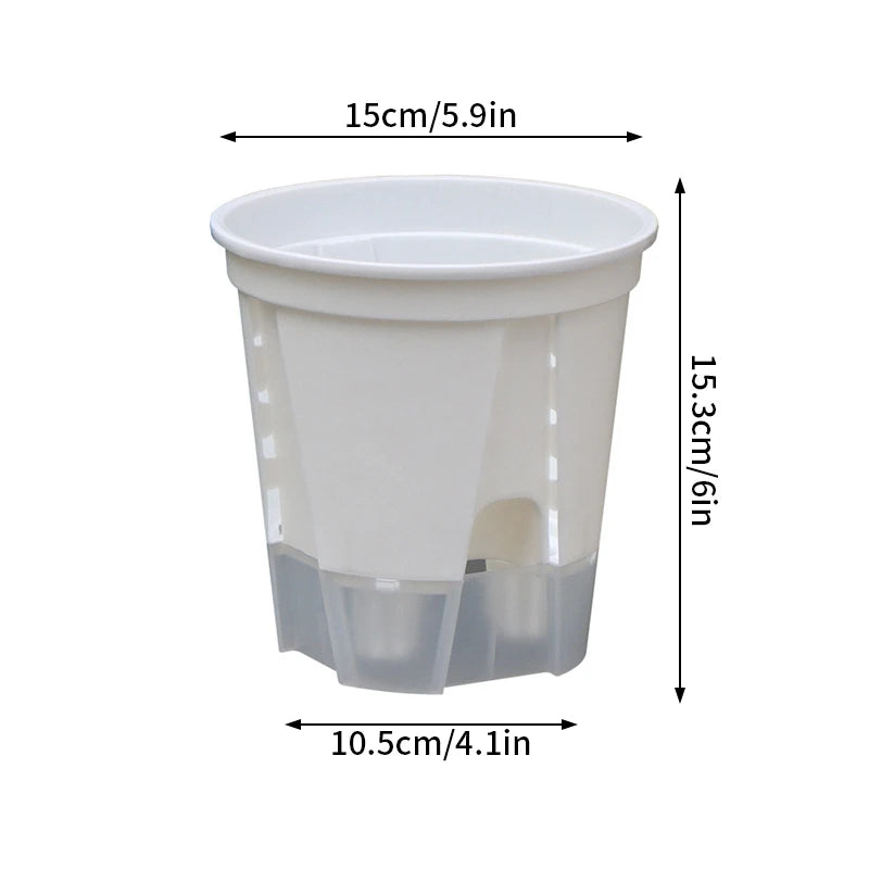 Self-watering flower pot, clear double-layer plastic with round drainage inserts