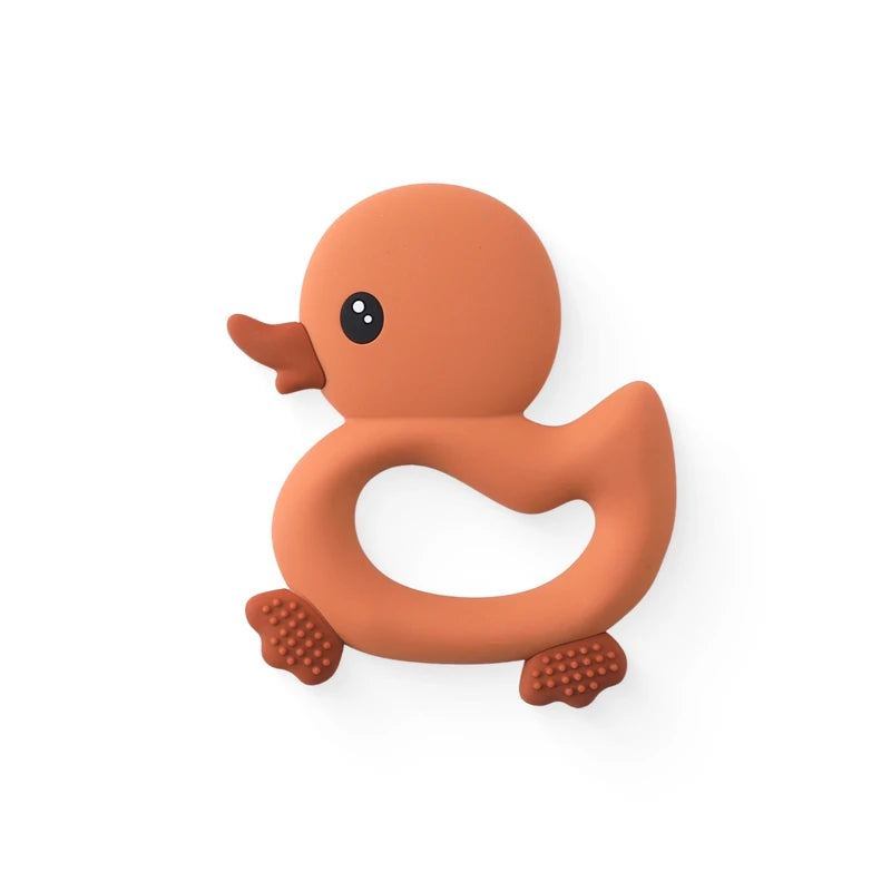 Burnt orange silicone baby teething toy in a duck shape for soothing sore gums.
