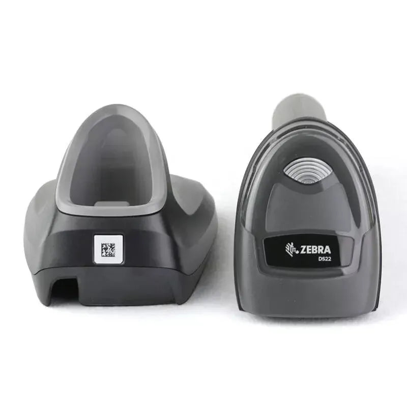 Dark gray barcode scanner cradles shown from front and back with scan window