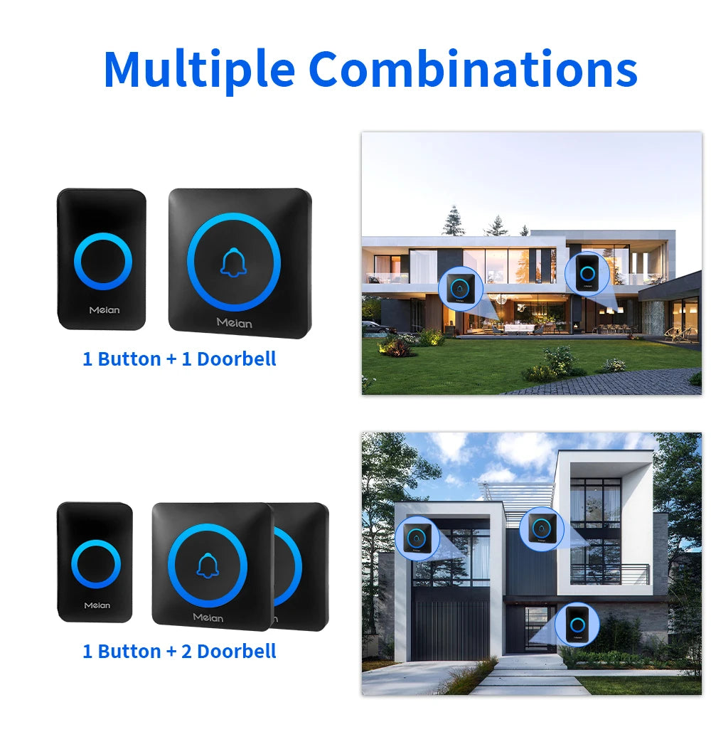 Meian IP65 Waterproof Wireless Doorbell Smart Home Outdoor Door Bell 60 Ringtone 5 Volume Adjustable LED Flash Smart Door Bell