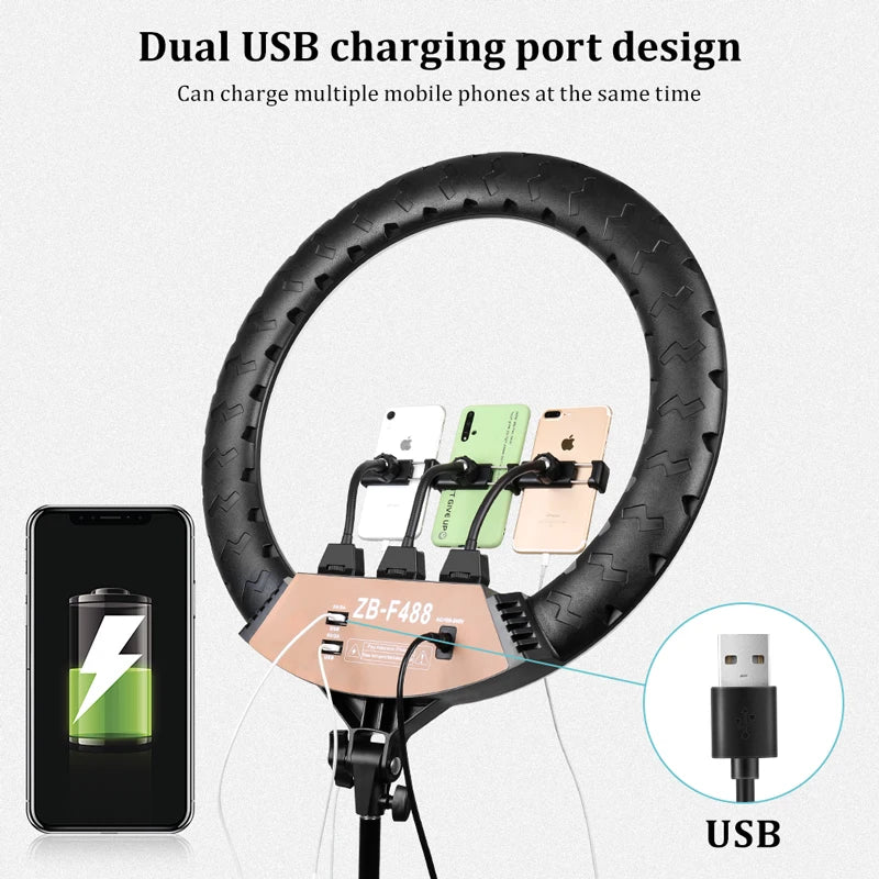 Black circular LED ring light with three smartphone mounts and two USB charging ports for charging mobile devices.
