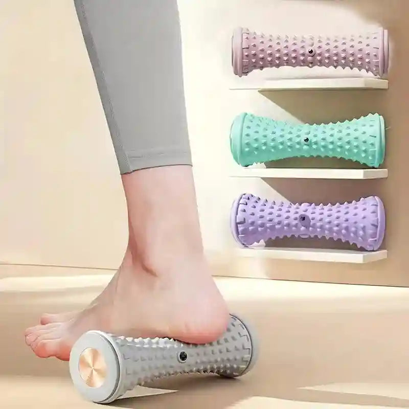 Person using a spiky plantar fascia foot massager roller for muscle relaxation, showing various pastel color options.