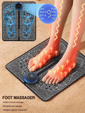 Black and white electric foot massager pad with a circular control unit and digital display for muscle relief.