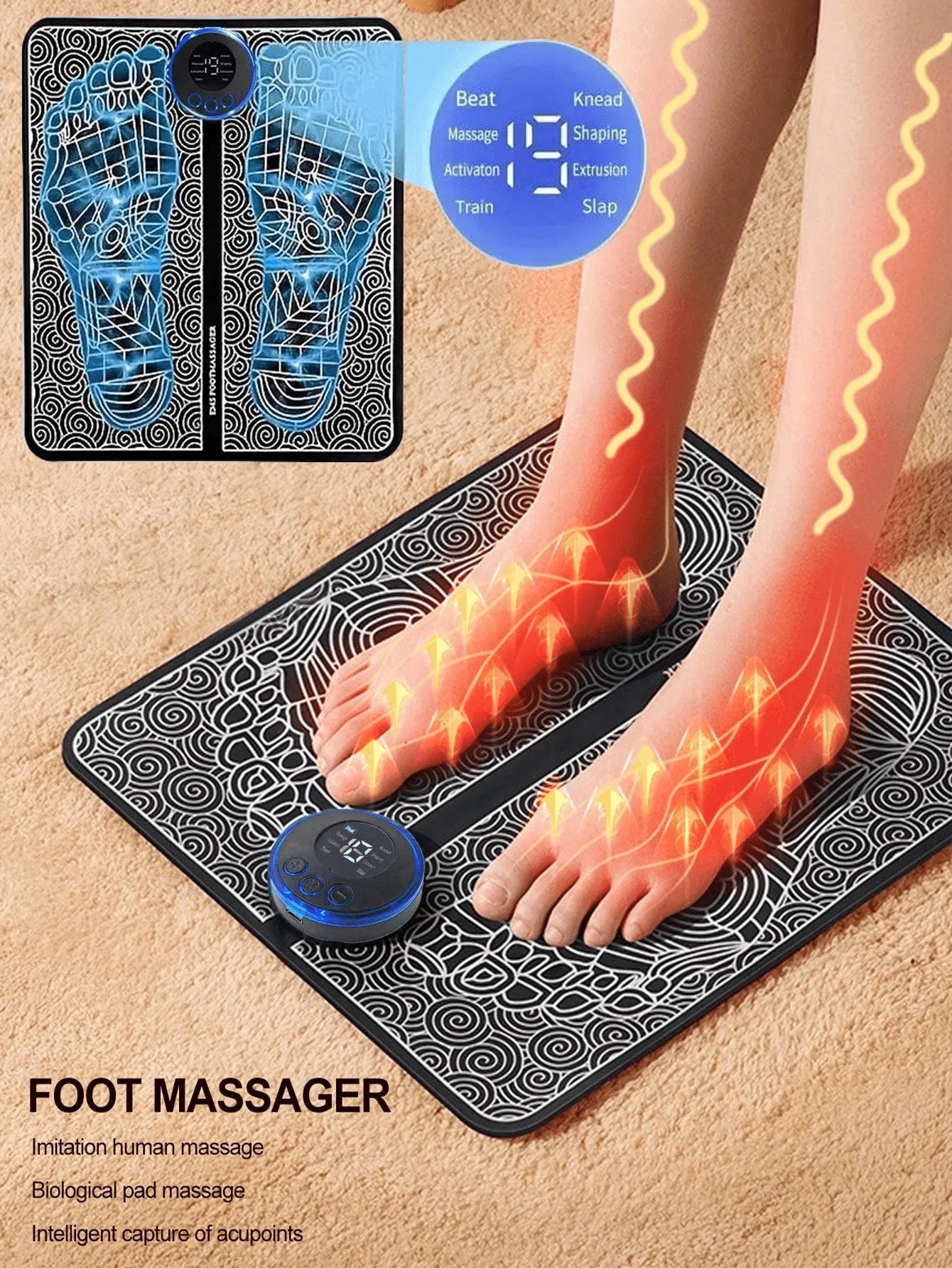 Black and white electric foot massager pad with a circular control unit and digital display for muscle relief.