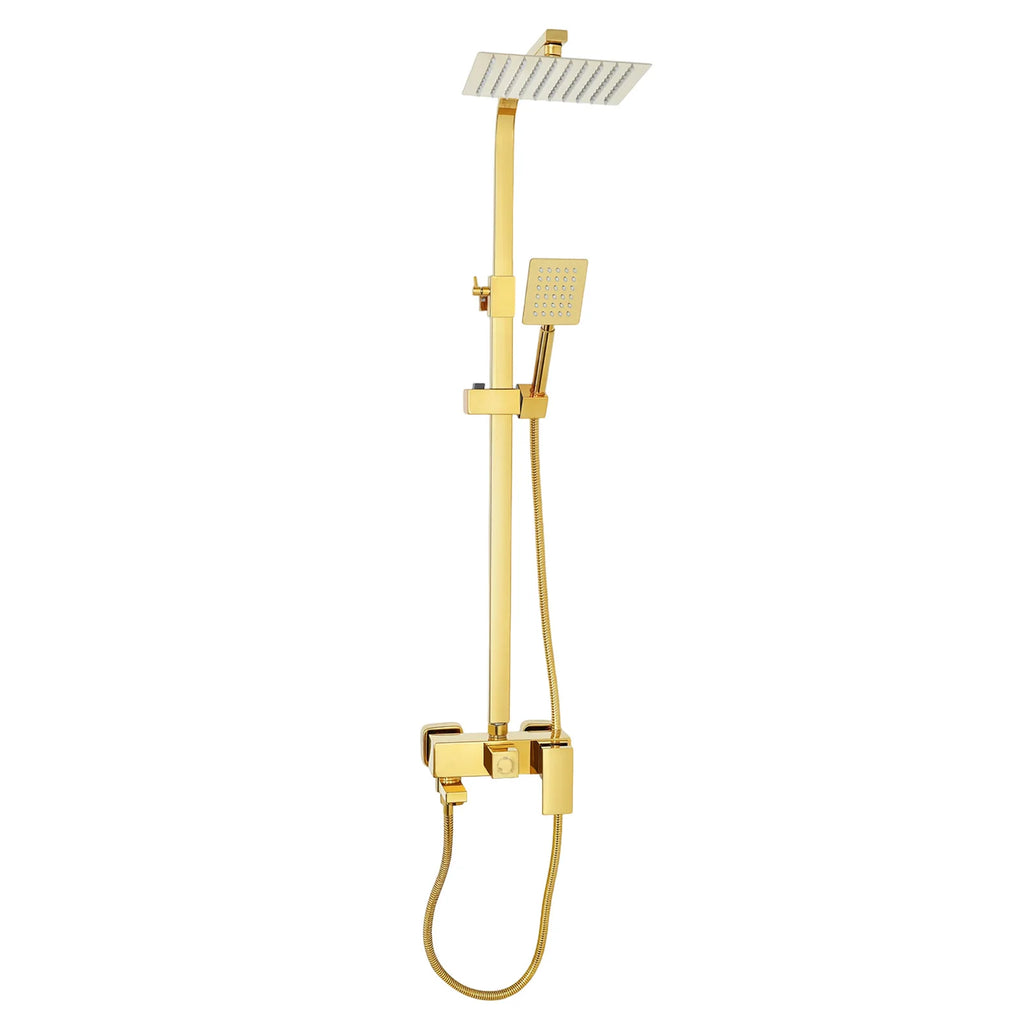 Adjustable Gold Brass Shower Column Set, Rain Shower & Handheld Shower with Stainless Steel Hose, Bathroom Shower Faucet Set