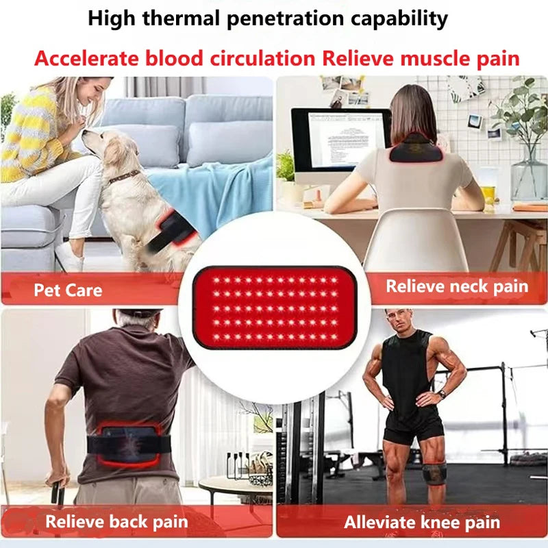 Portable red and infrared light therapy belt for back, neck, and knee pain relief with 660nm and 850nm LED light pad.