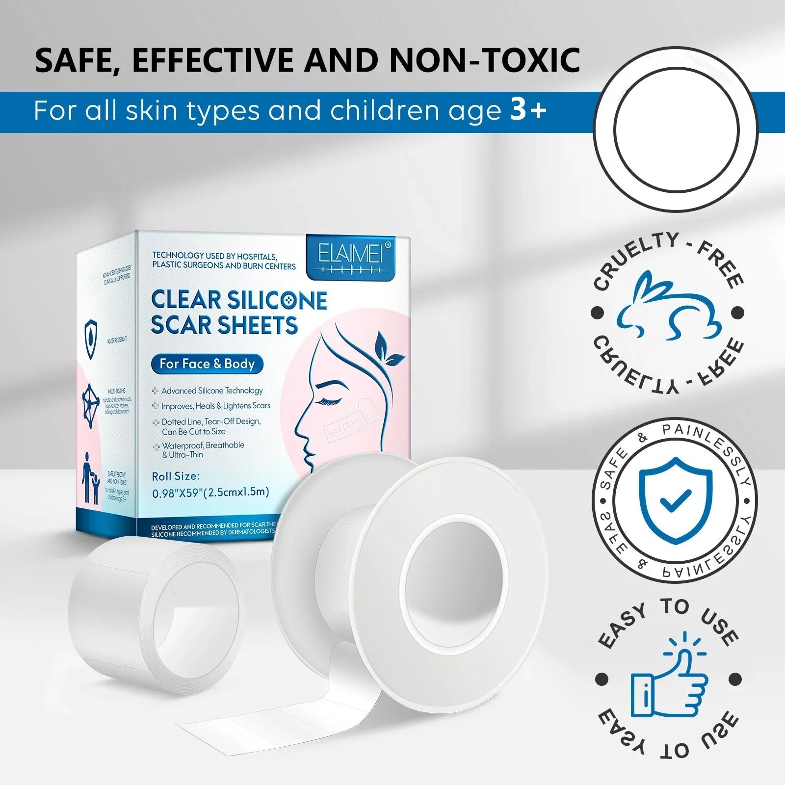 1/2 Roll Invisible Silicone Scar Sheets , 2.5cm X 150cm, Self-Adhesive Scar Cover Tape Reusable and Effective Skin Care Strips
