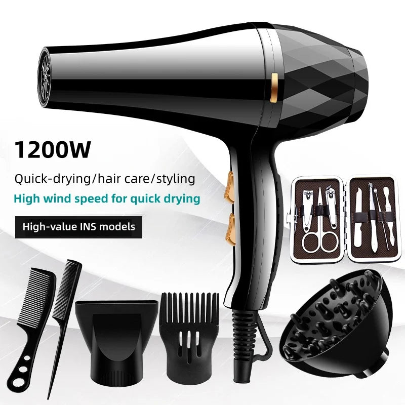 Black 1200W professional hair dryer with styling attachments, diffuser, and grooming kit for fast, constant drying.