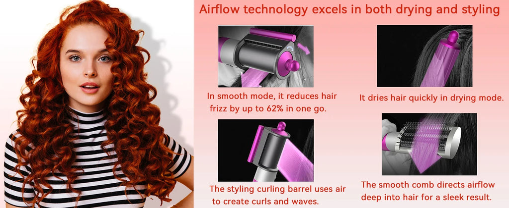 SenCiciMen 6-in-1 multi hair styler in pink with hot air brush, curling barrel, and smoothing attachments for hair.