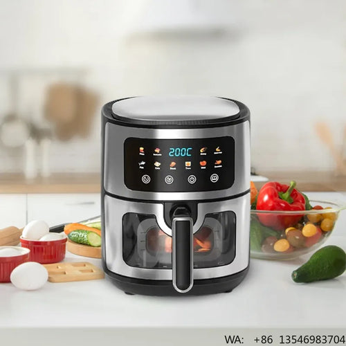 Black smart visual air fryer with digital control panel, front viewing windows, 10L capacity