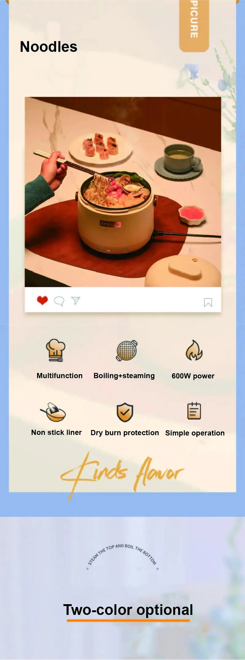 Mini electric cooking pot with lid open, serving noodles meal inside.