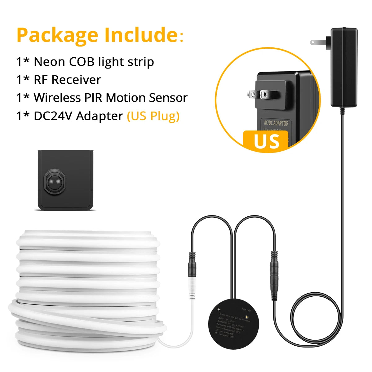 Neon COB LED strip kit with RF receiver, one PIR sensor, and US DC24V adapter