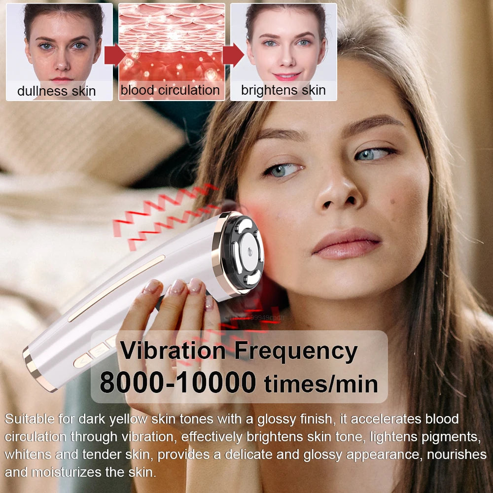 White and rose gold mini HIFU facial massager being used on a woman's cheek to brighten skin.