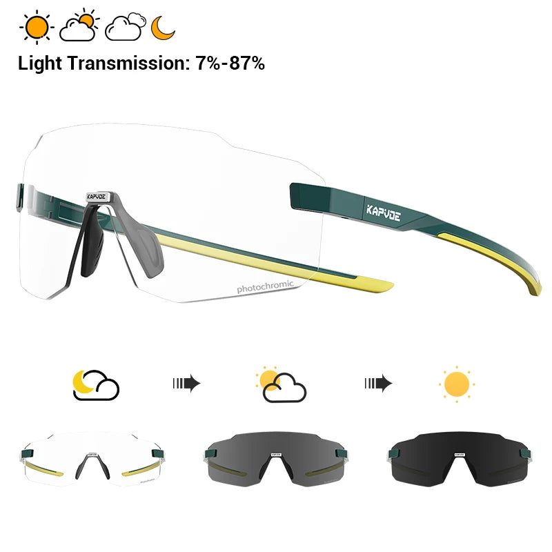 Sport cycling sunglasses with clear photochromic lenses and green frame