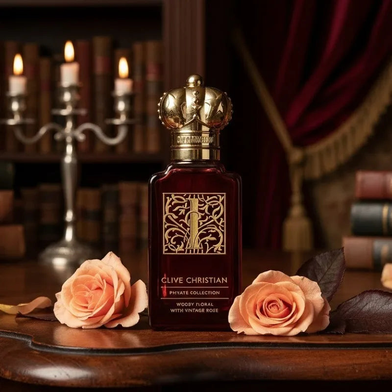Deep red glass perfume bottle with gold crown stopper, rectangular shape, labeled Woody Floral, set with peach roses.