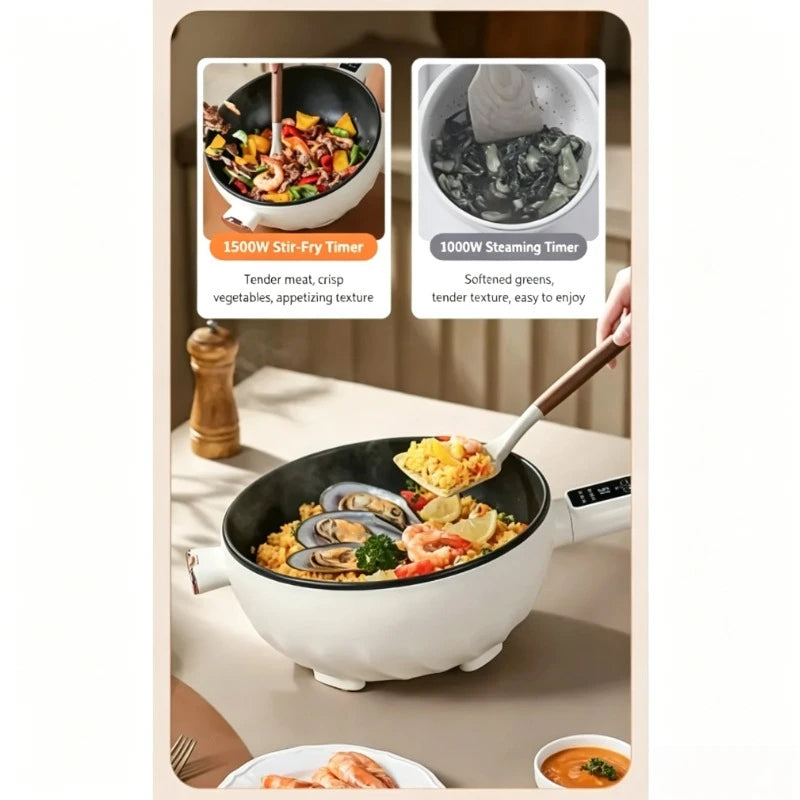 White electric wok pot on countertop with open lid and side control panel