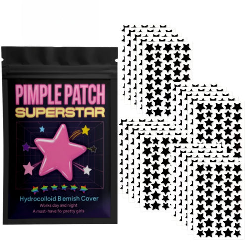 Star-shaped hydrocolloid pimple patch pack: black pouch and stacked star stickers