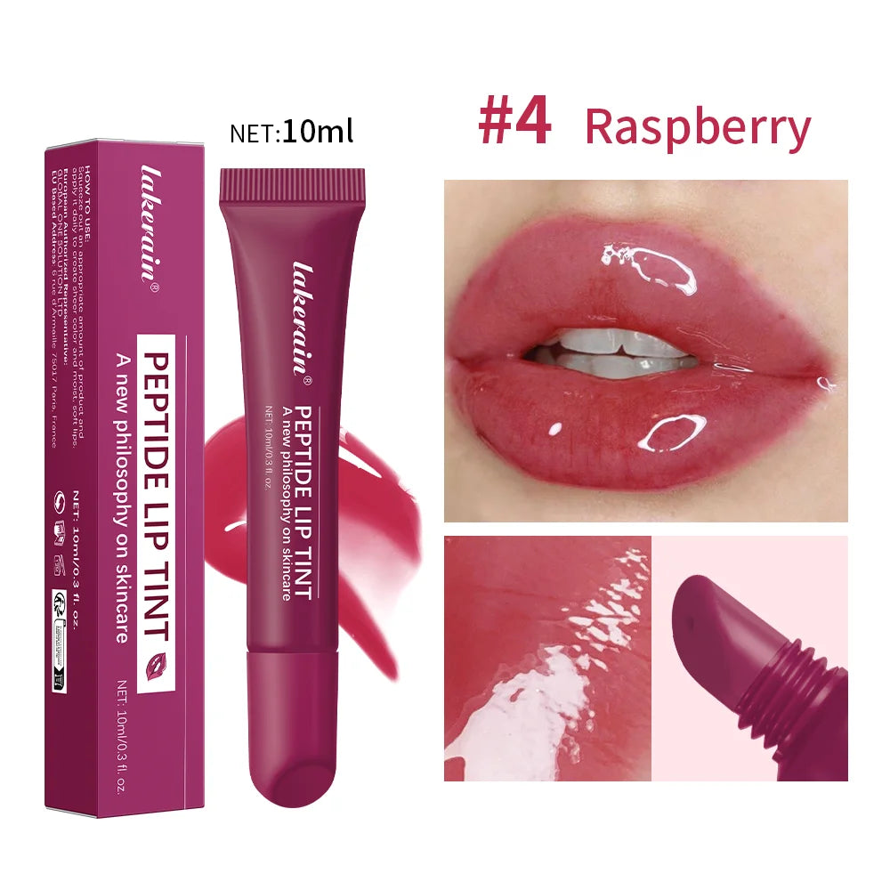 Lakerain Raspberry peptide lip tint, a high-shine, glossy, hydrating lip gloss for a plump, glass-finish look.