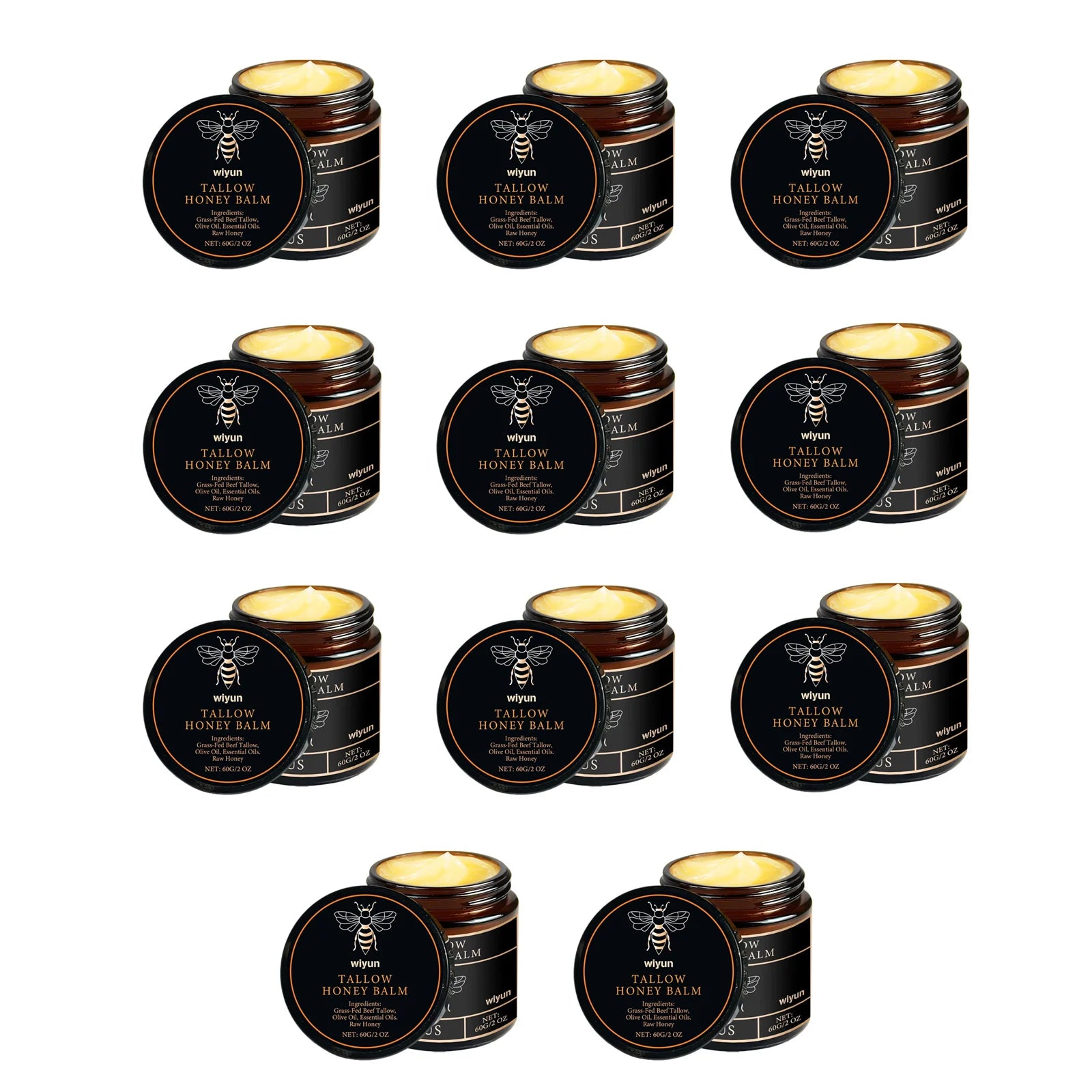 Honey tallow balm tins set in grid layout, black round tins with gold text and open balm