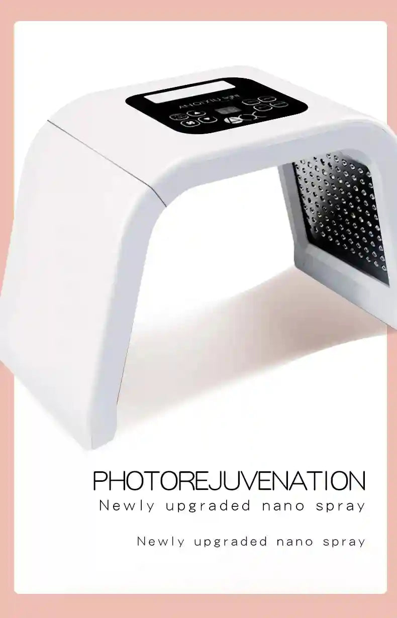 White LED facial light therapy arch device with a top digital control panel and interior grid of light bulbs.