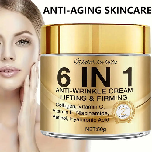 6-in-1 anti-wrinkle cream with Niacinamide, collagen, retinol, and hyaluronic acid in a 50g jar for body lotion care.