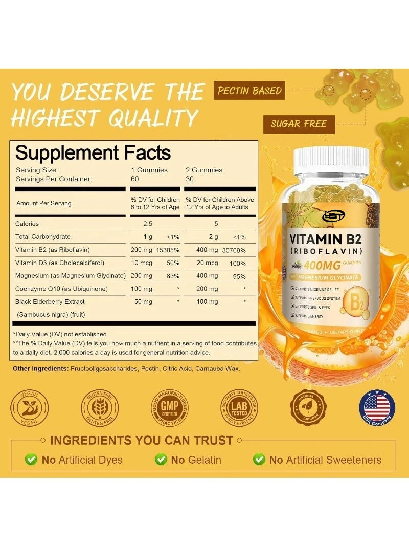 Vitamin B2 Gummies, Sugar Free Riboflavin Supplements, Containing Magnesium Glycinate, Coq10, And Elderberry, Non Gmo