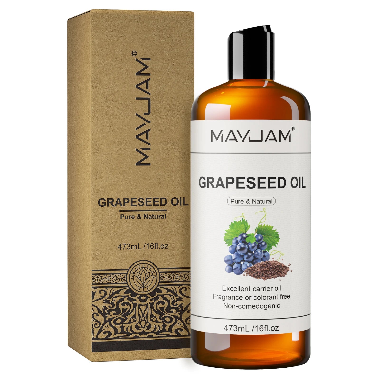 Grapeseed oil bottle and kraft box, pure & natural 473 mL