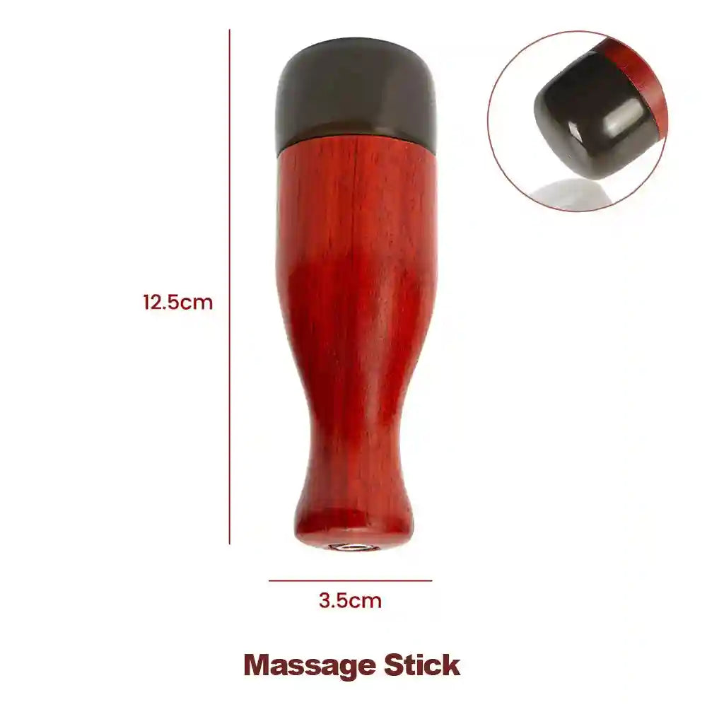 12.5cm wooden massage stick with a rounded dark tip, measuring 3.5cm wide, used for targeted trigger point therapy.