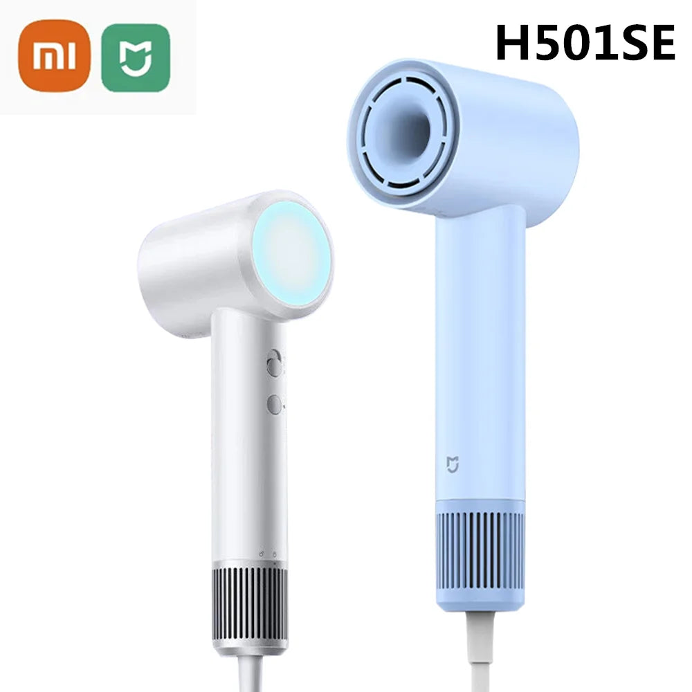 Xiaomi H501 SE high-speed hair dryer in white and blue, featuring negative ion tech for professional, fast hair drying.