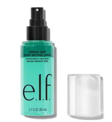 e.l.f. Power Grip Dewy Setting Spray in a translucent teal bottle with a black pump nozzle and clear cap.