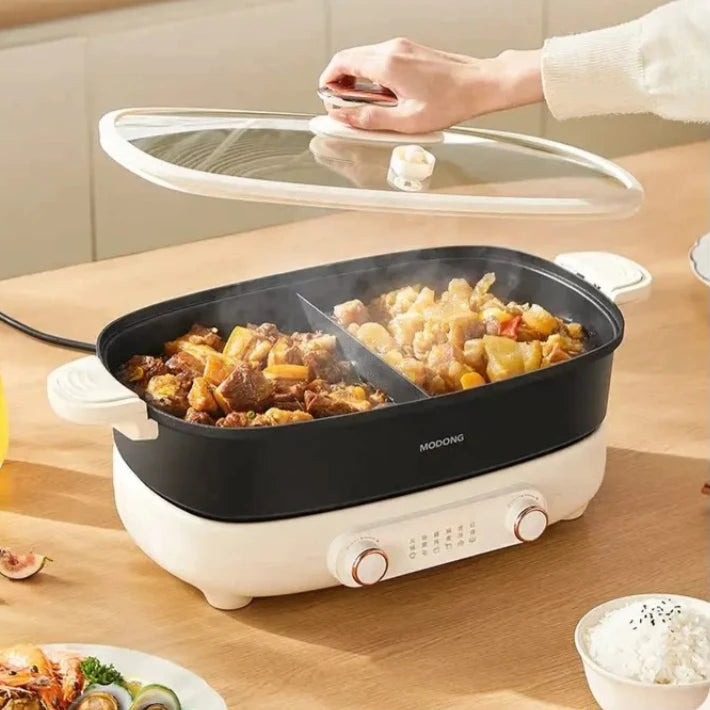 MODONG split electric hot pot with black nonstick inner pot and clear lid