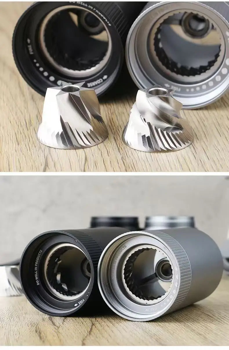 Do Well In Products manual coffee grinder with silver stainless steel conical burrs and black and silver housings.