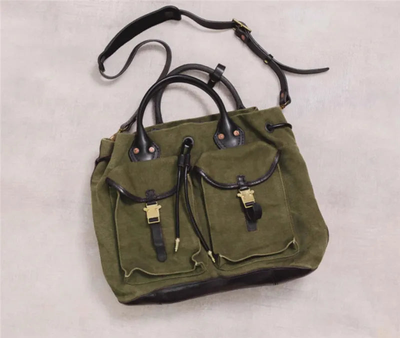 Organizers designers handmade heavy canvas genuine leather men's large-capacity handbags vintage luxury outdoor travel tote bag