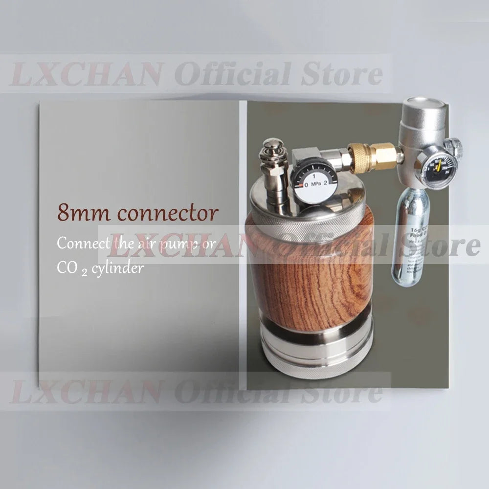 LXCHAN coffee maker with wood-grain body, metal base, 8mm connector, pressure gauge, and CO2 cylinder attachment.