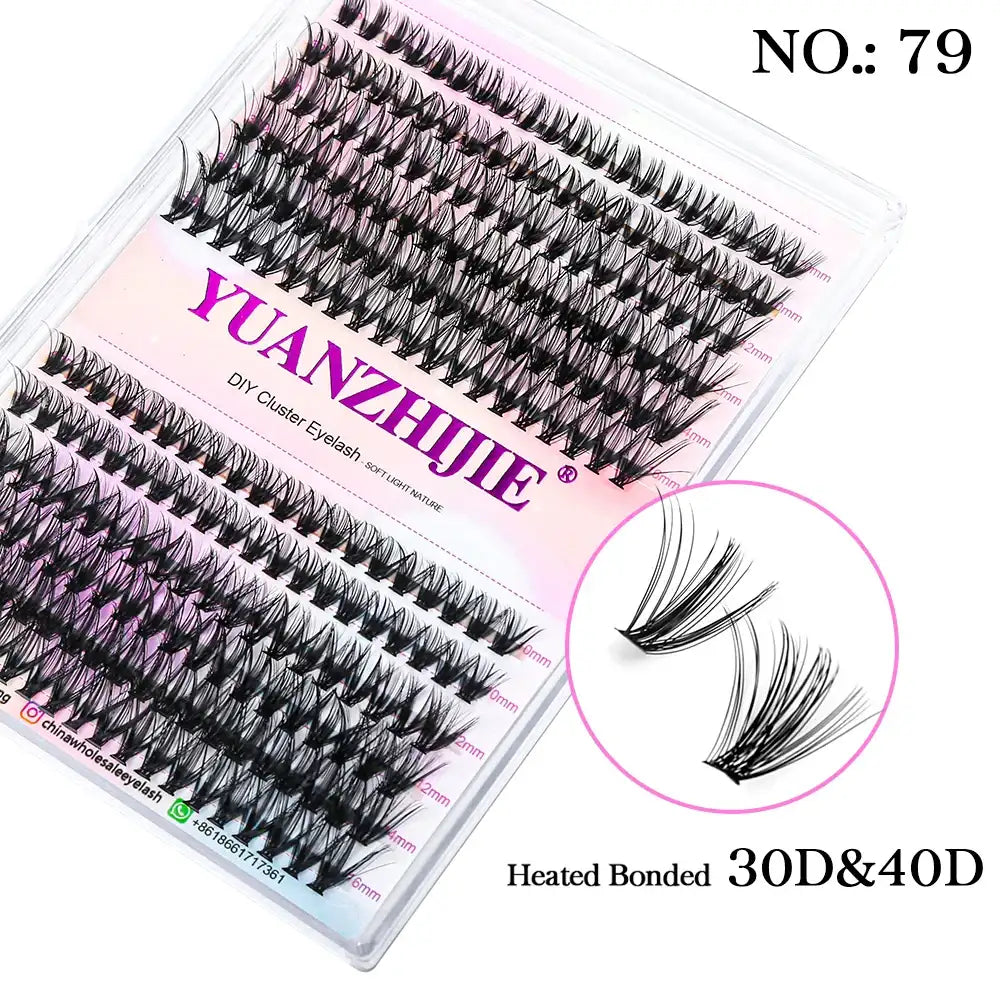 Clear plastic case containing black segmented 30D and 40D cluster eyelashes labeled "YUANZHIJIE."